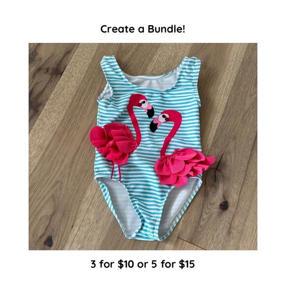 Unbranded Other - Unbranded Girls Aqua and White Striped Flamingo One Piece Swimsuit Size 3T